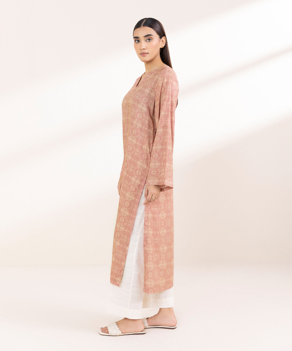 Women's Pret Linen Printed Tea Pink Straight Shirt