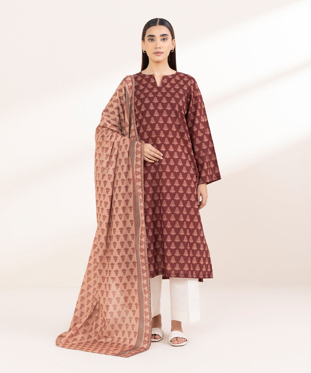 Women's Pret Khaddar Printed Maroon A-Line Shirt