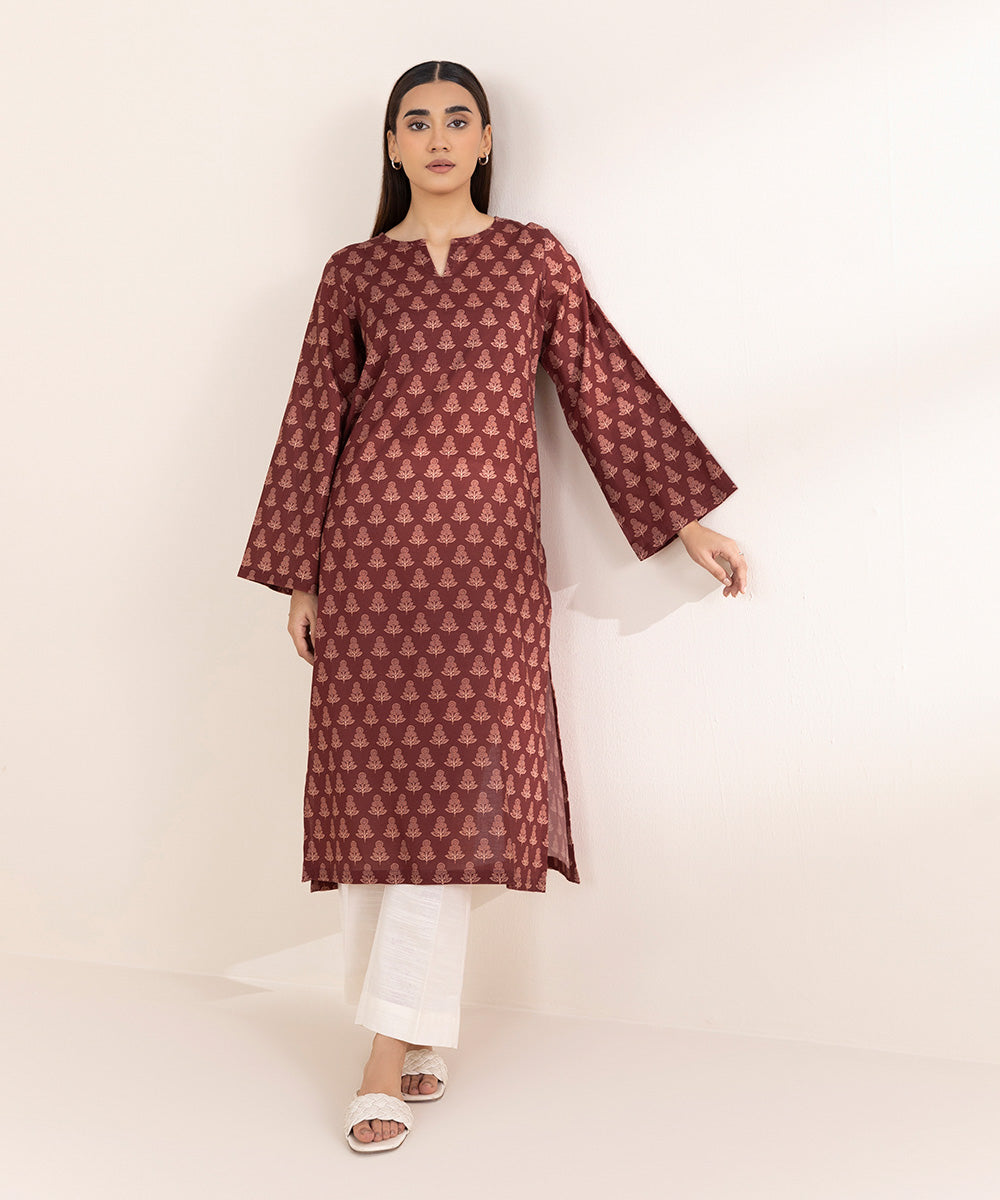 Women's Pret Khaddar Printed Maroon A-Line Shirt