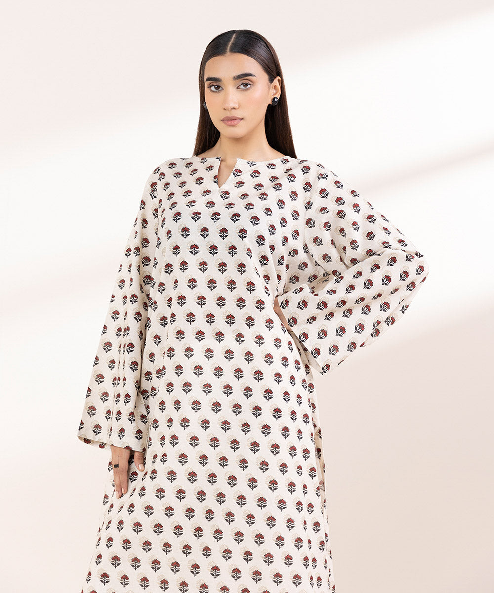 Women's Pret Khaddar Printed Off White A-Line Shirt