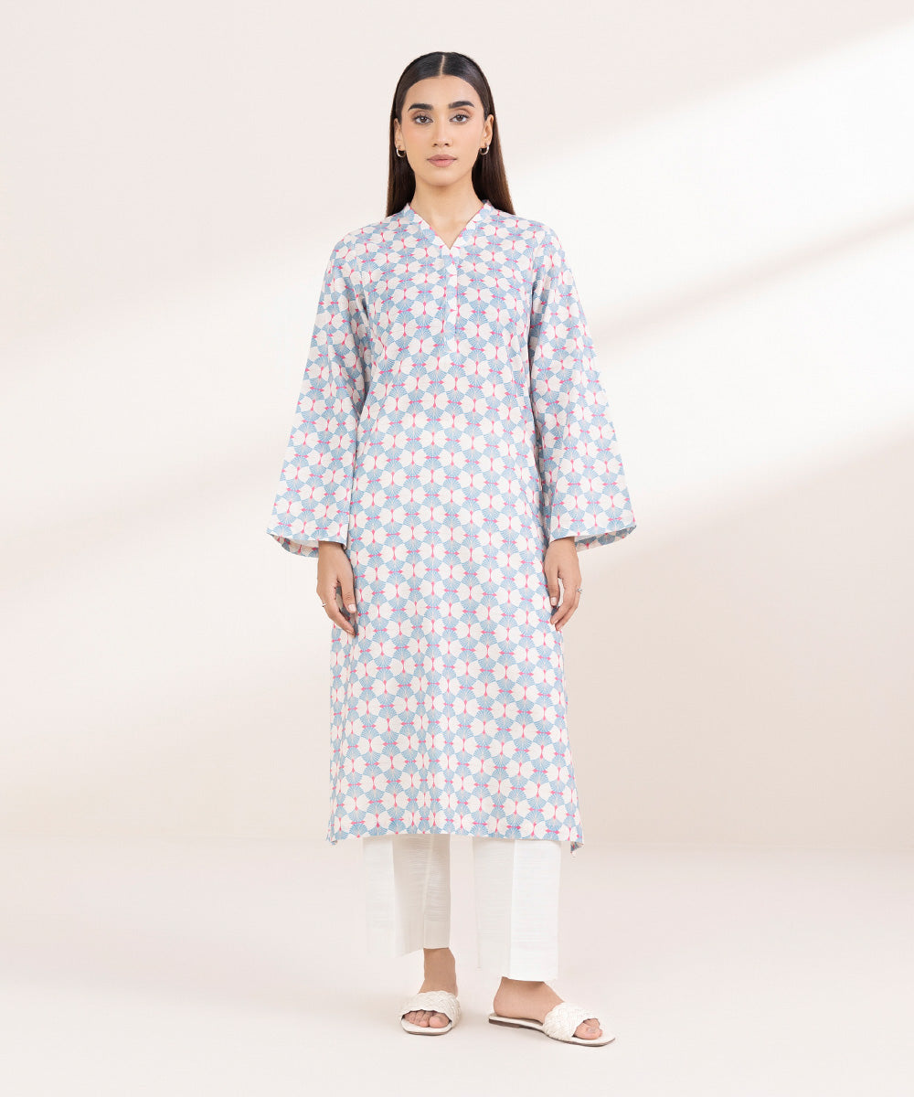 Women's Pret Khaddar Printed Sky Blue A-Line Shirt