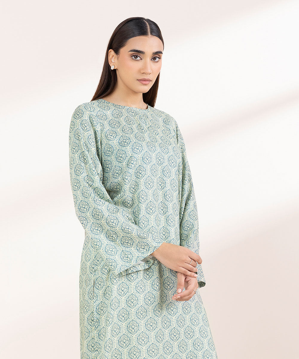 Women's Pret Linen Printed Sage Green Straight Shirt