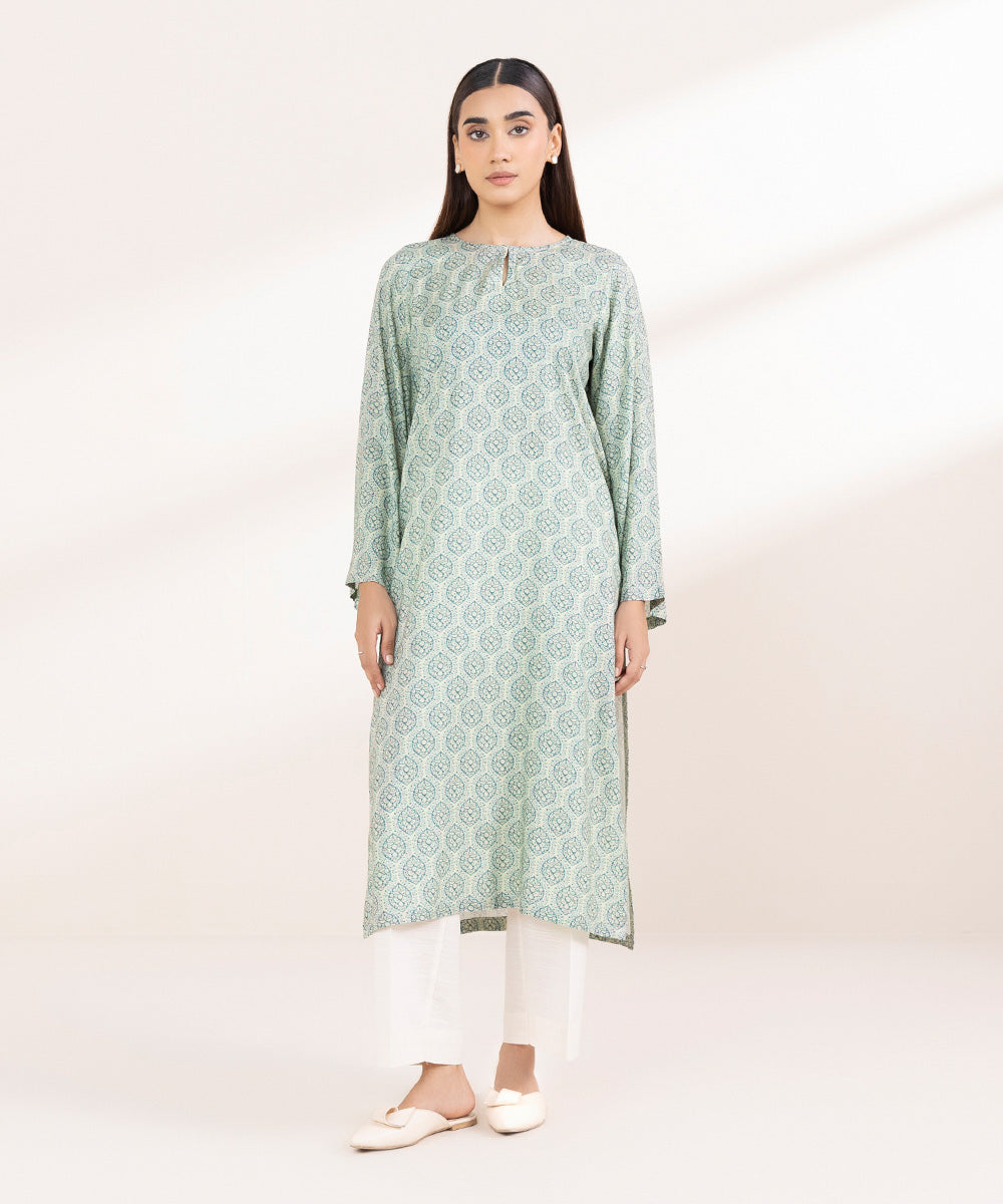 Women's Pret Linen Printed Sage Green Straight Shirt