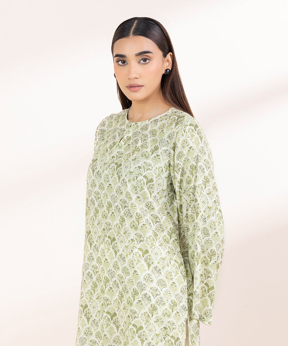 Women's Pret Linen Printed Mint Green A-Line Shirt