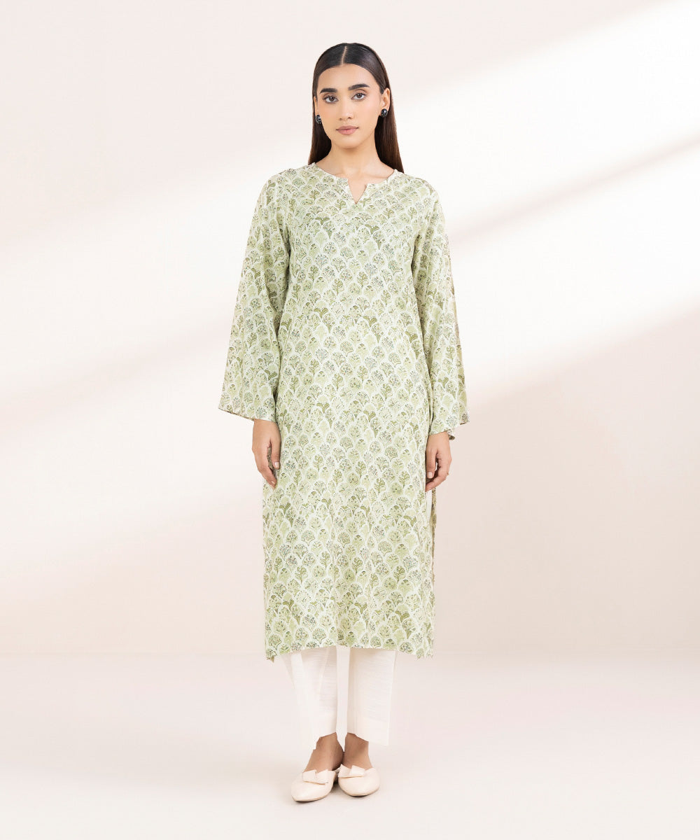 Women's Pret Linen Printed Mint Green A-Line Shirt