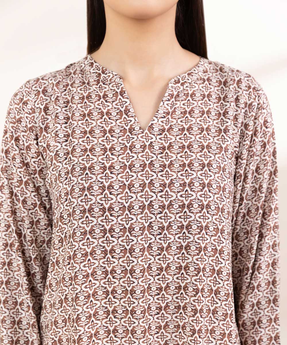 Women's Pret Linen Printed Chocolate Brown Straight Shirt