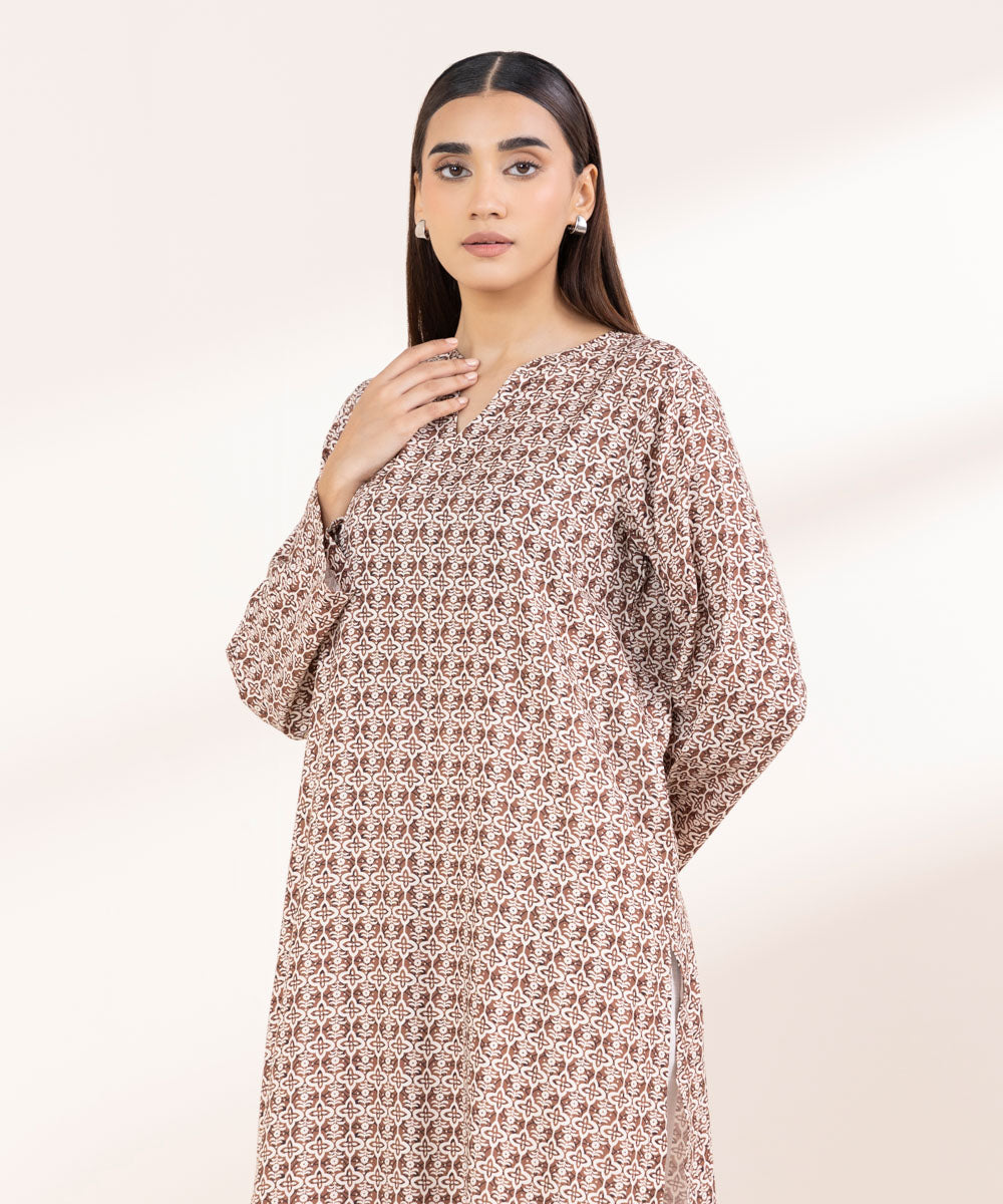 Women's Pret Linen Printed Chocolate Brown Straight Shirt