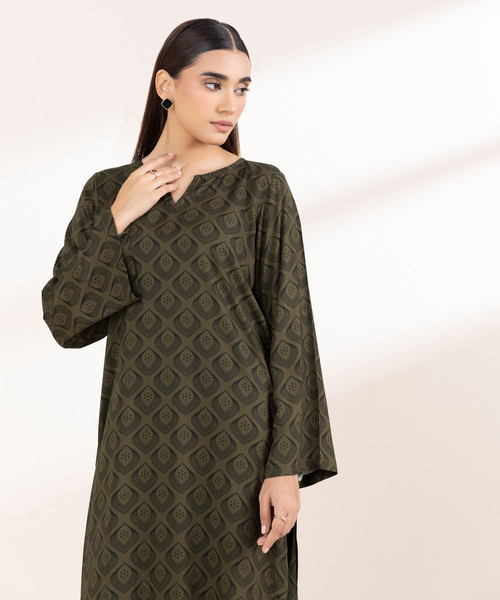 Women's Pret Linen Printed Olive Green Straight Shirt