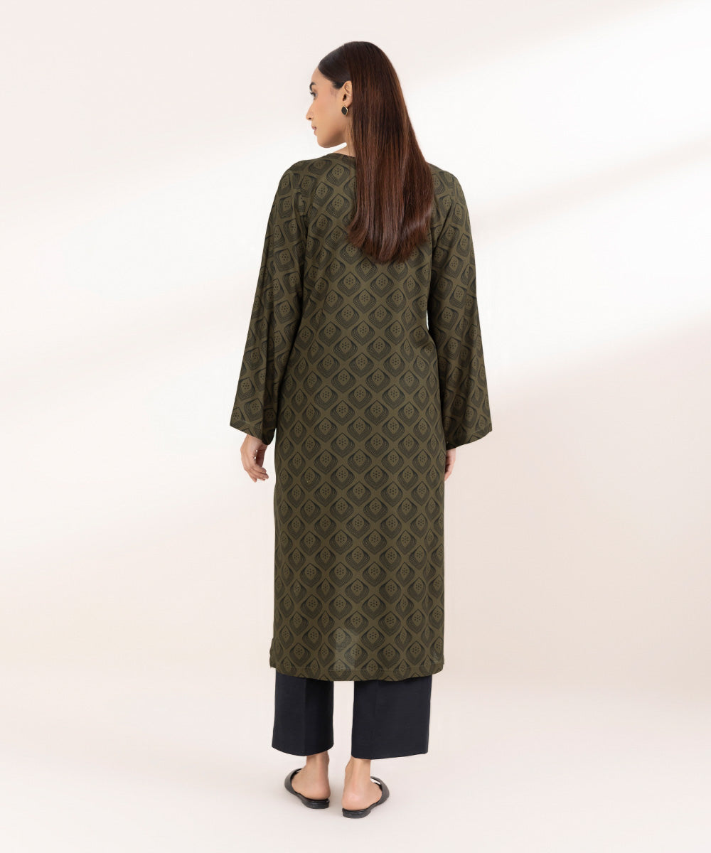 Women's Pret Linen Printed Olive Green Straight Shirt