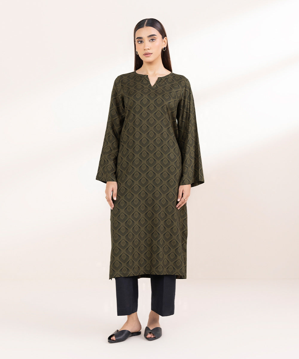 Women's Pret Linen Printed Olive Green Straight Shirt