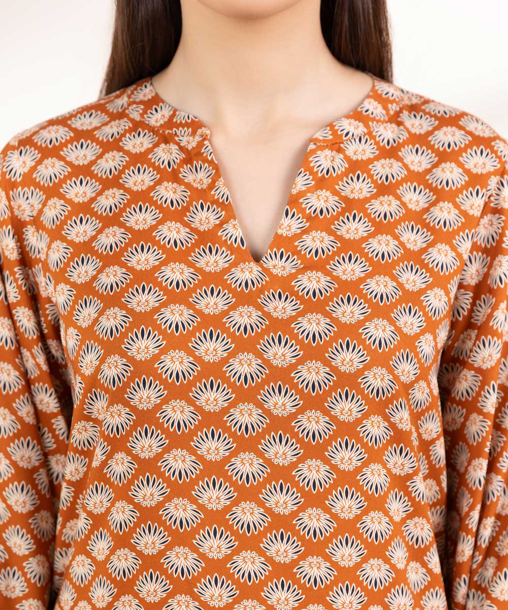 Women's Pret Linen Printed Rust Orange Straight Shirt