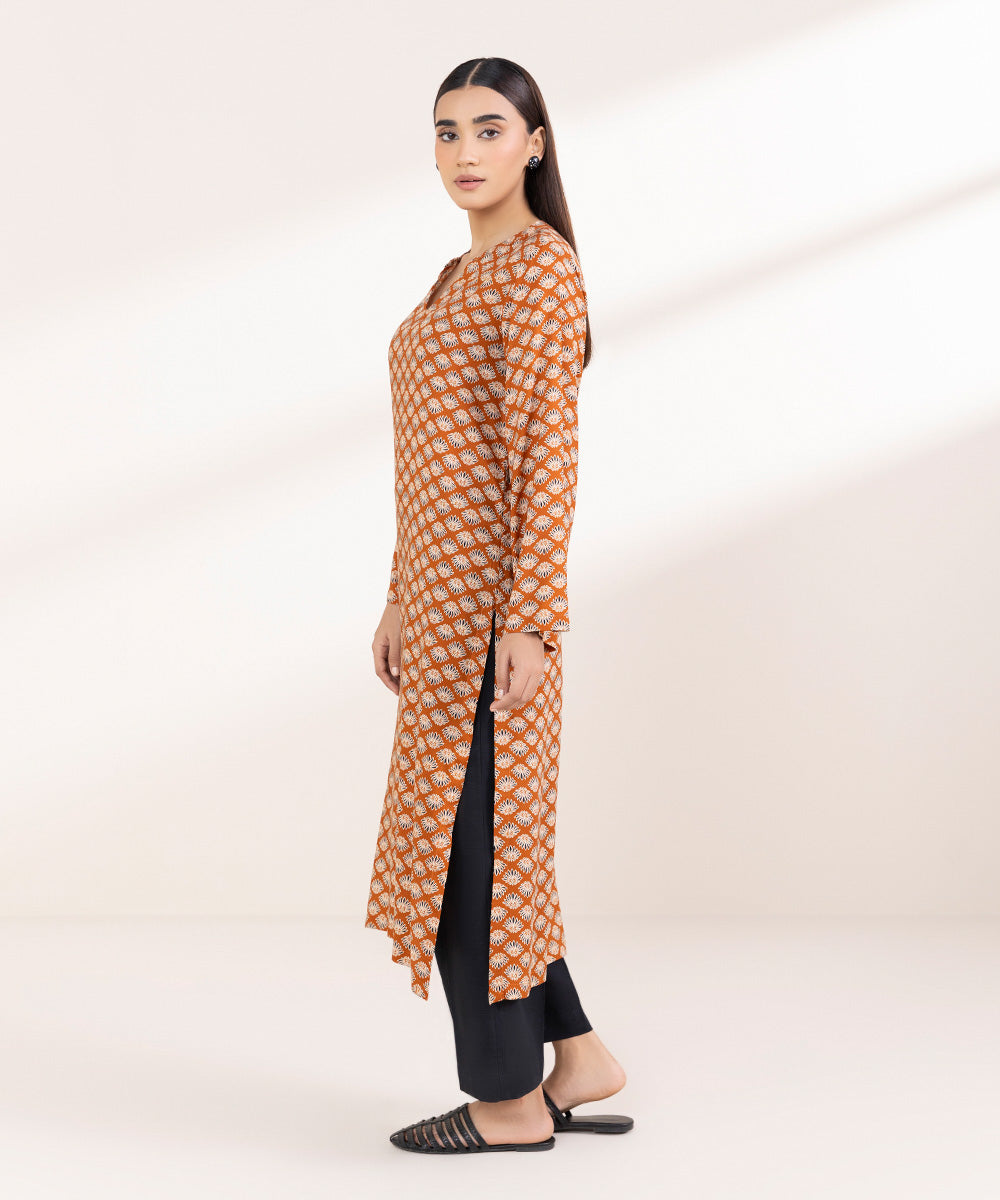 Women's Pret Linen Printed Rust Orange Straight Shirt