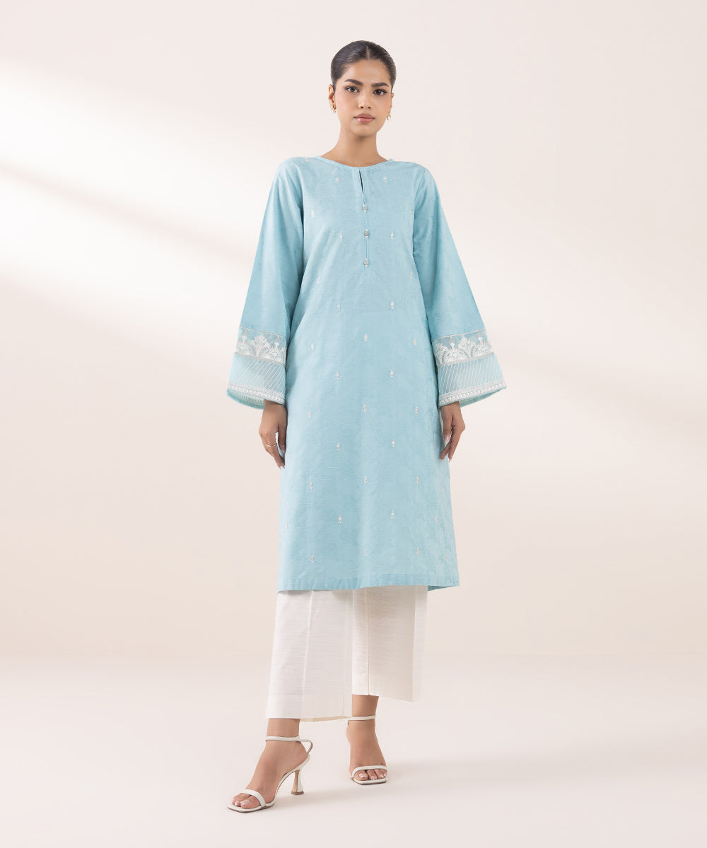 Women's Pret Cotton Jacquard Embroidered Sky Blue A-Line Shirt