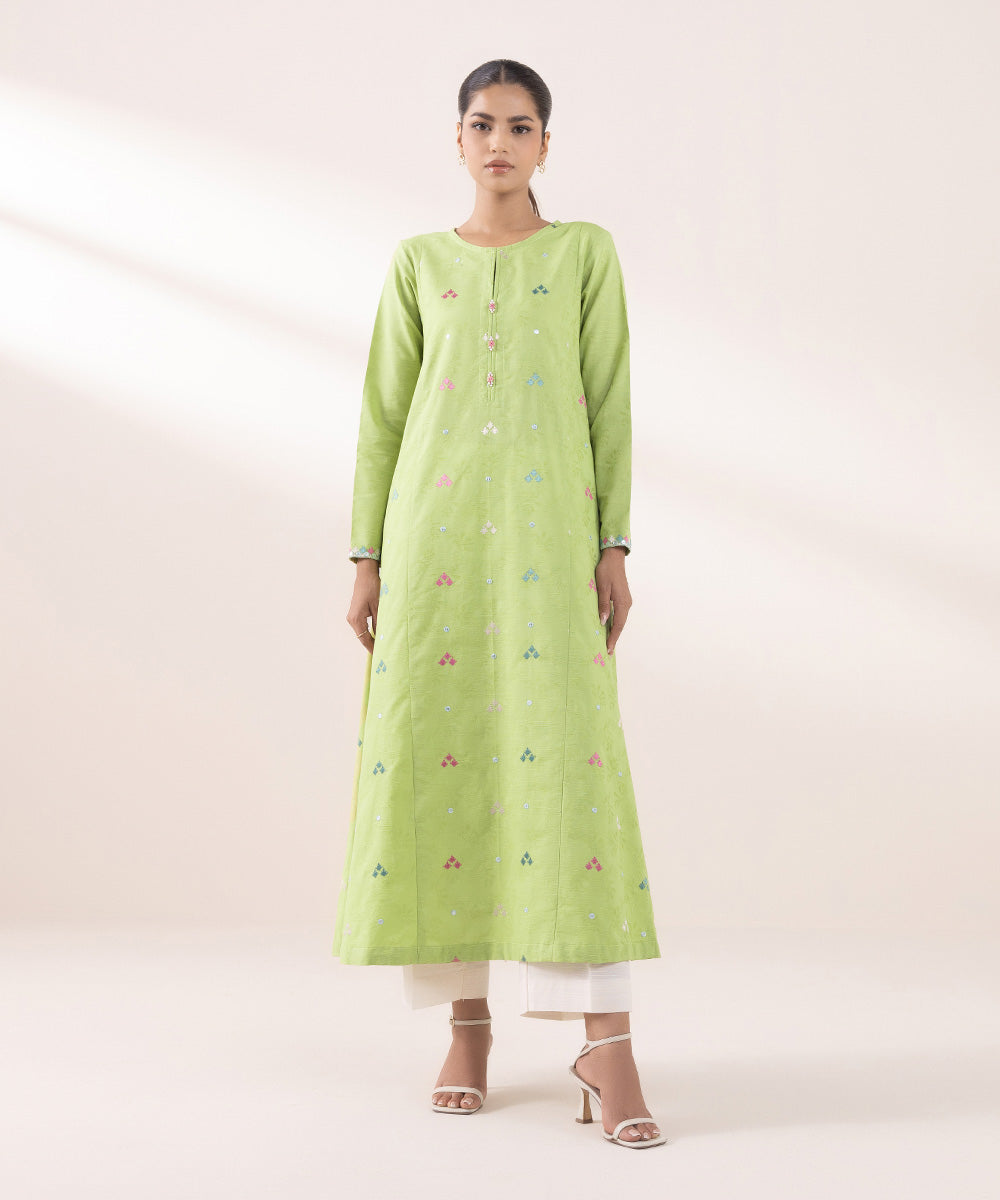 Women's Pret Cotton Jacquard Embroidered Apple Green A-line Shirt