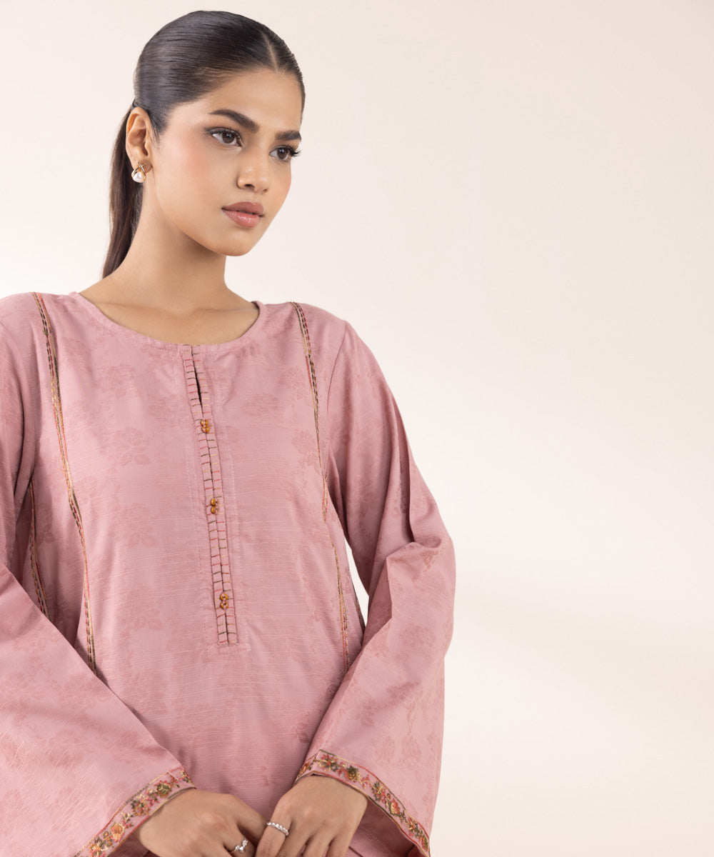 Women's Pret Cotton Jacquard Embroidered Tea Pink A-Line Shirt