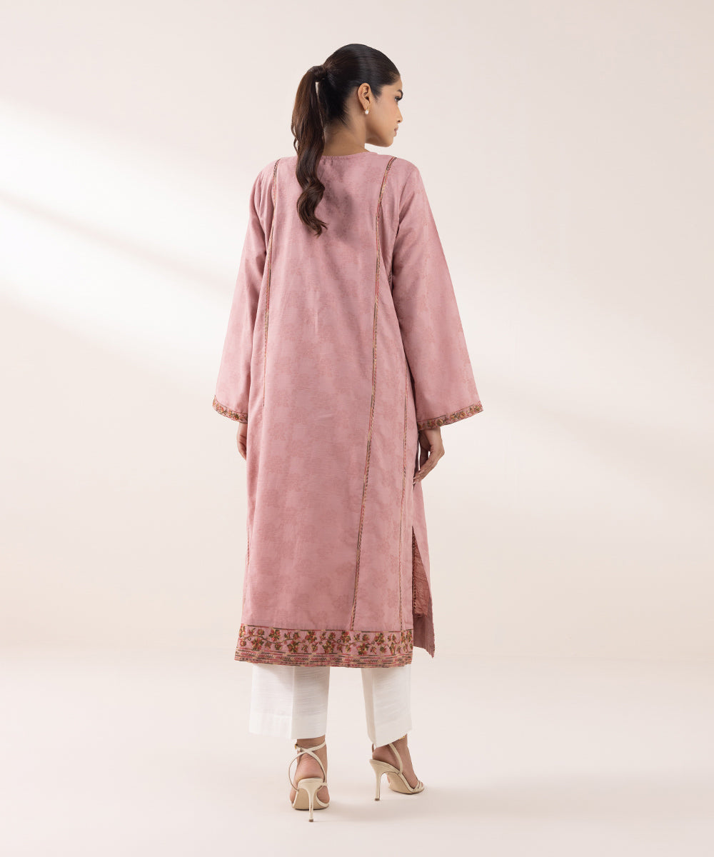 Women's Pret Cotton Jacquard Embroidered Tea Pink A-Line Shirt