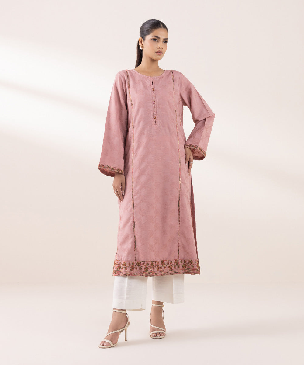 Women's Pret Cotton Jacquard Embroidered Tea Pink A-Line Shirt