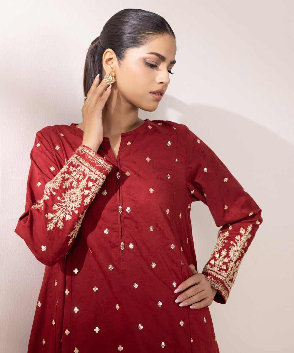 Women's Pret Cotton Jacquard Embroidered Maroon A-line Shirt