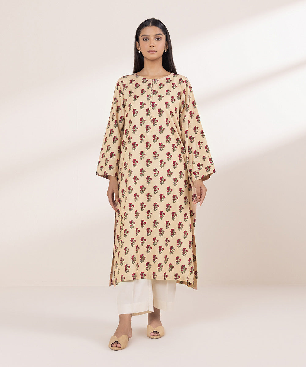 Women's Pret Linen Printed Brown Straight Shirt