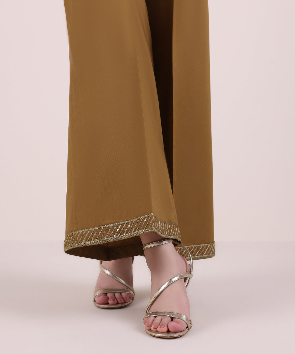 Women's Pret Cambric Brown Embroidered Flared Pants