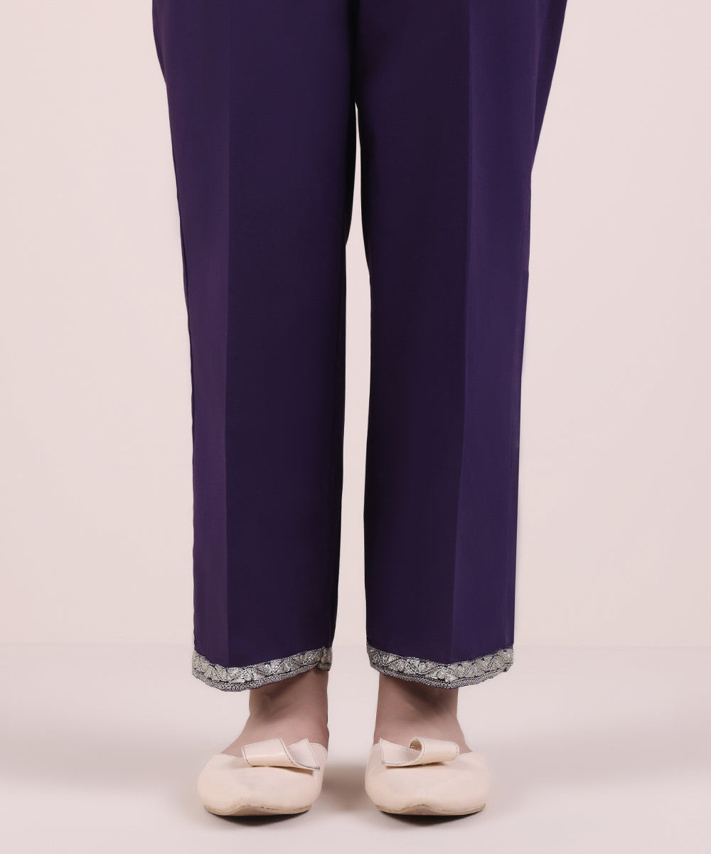 Women's Pret Cambric Purple Embroidered Straight Pants