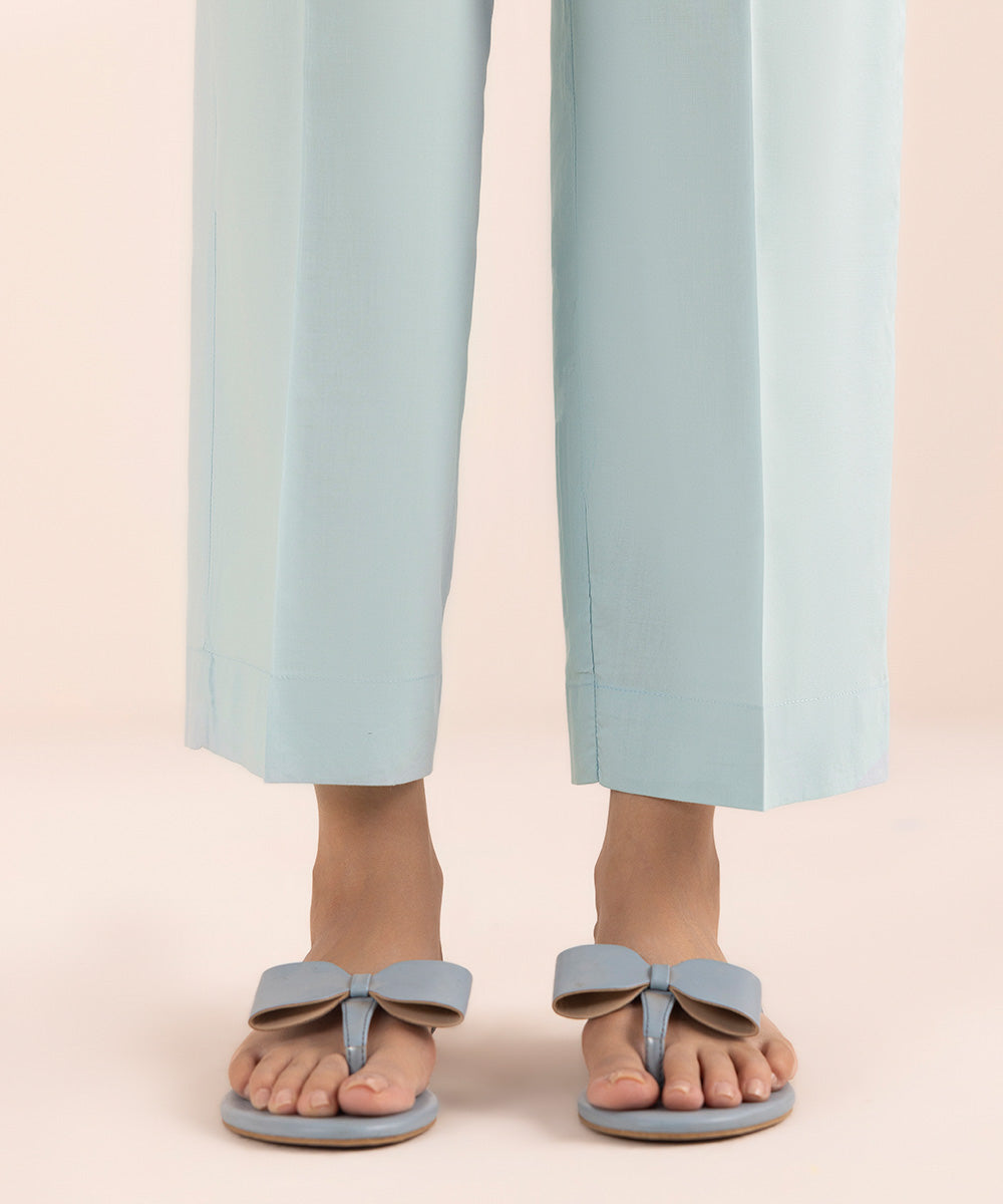 Women's Pret Cotton Blue Solid Straight Pants