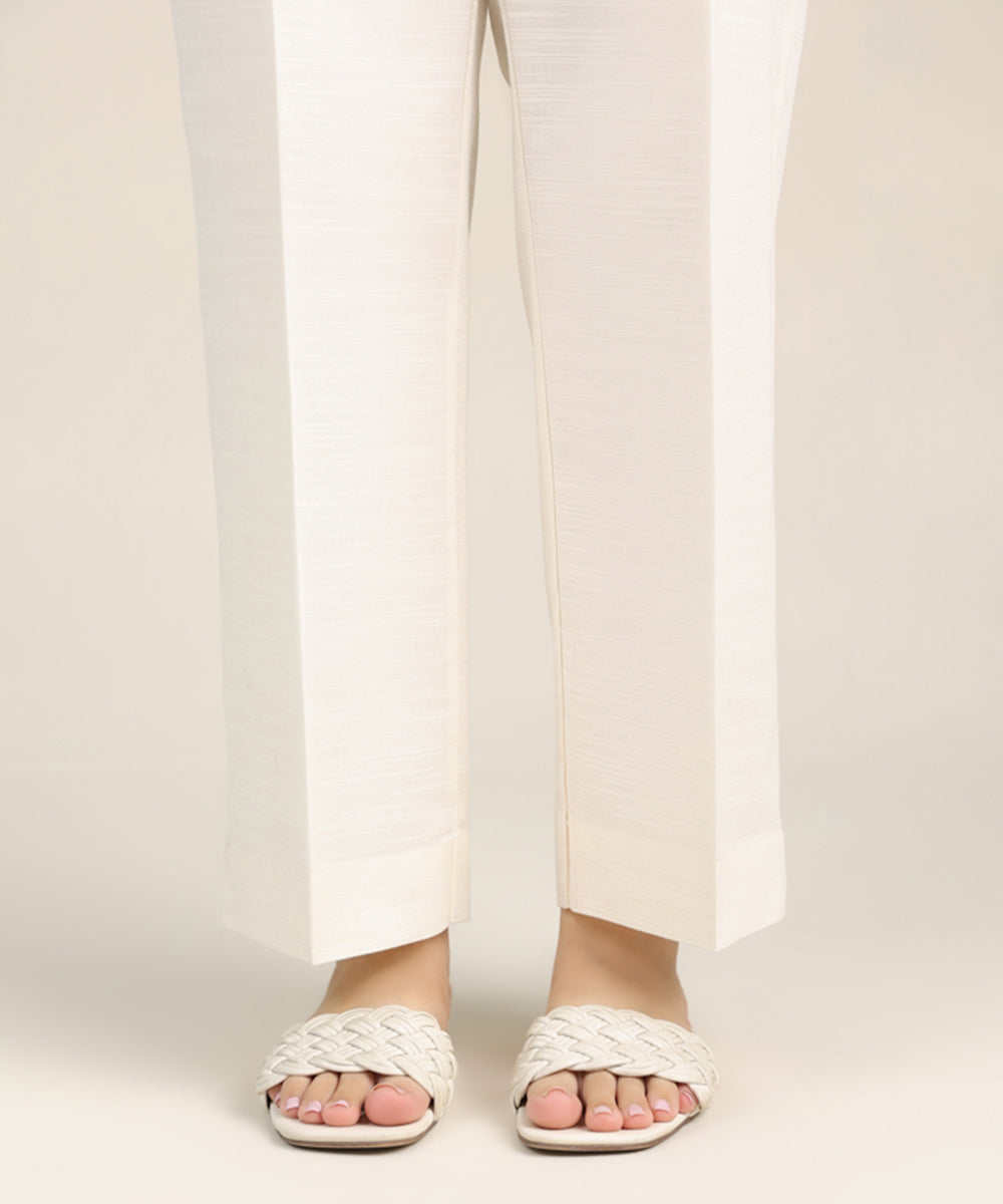 Women's Pret Khaddar Off White Solid Straight Pants