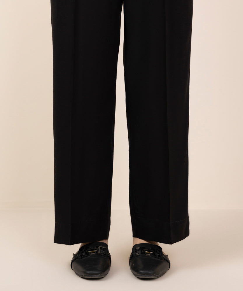 Women's Pret Black Solid Linen Straight Pants