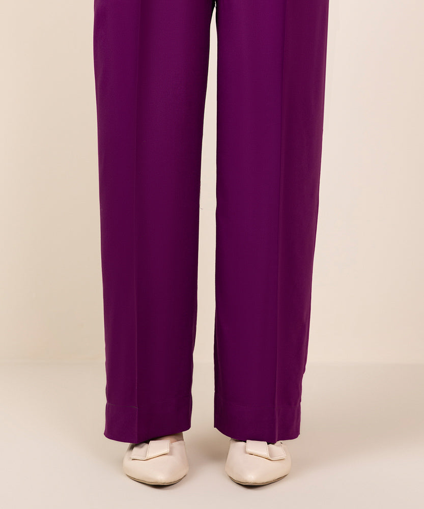 Women's Pret Purple Solid Linen Straight Pants