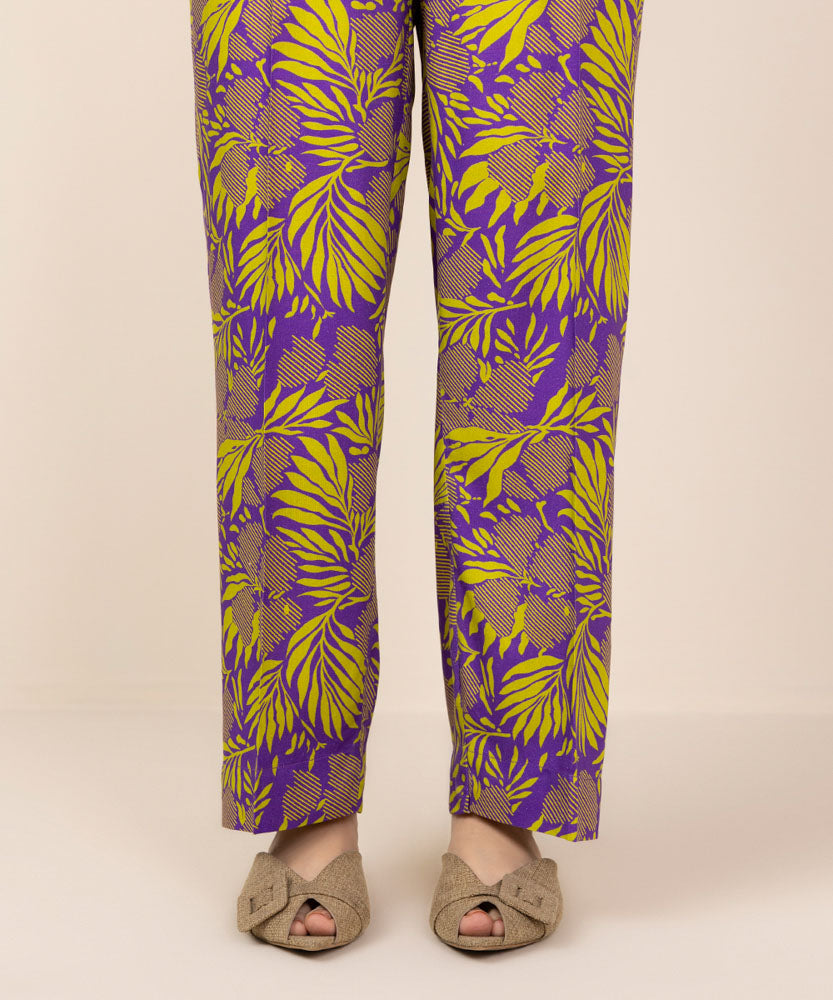 Women's Pret Purple Printed Linen Straight Pants