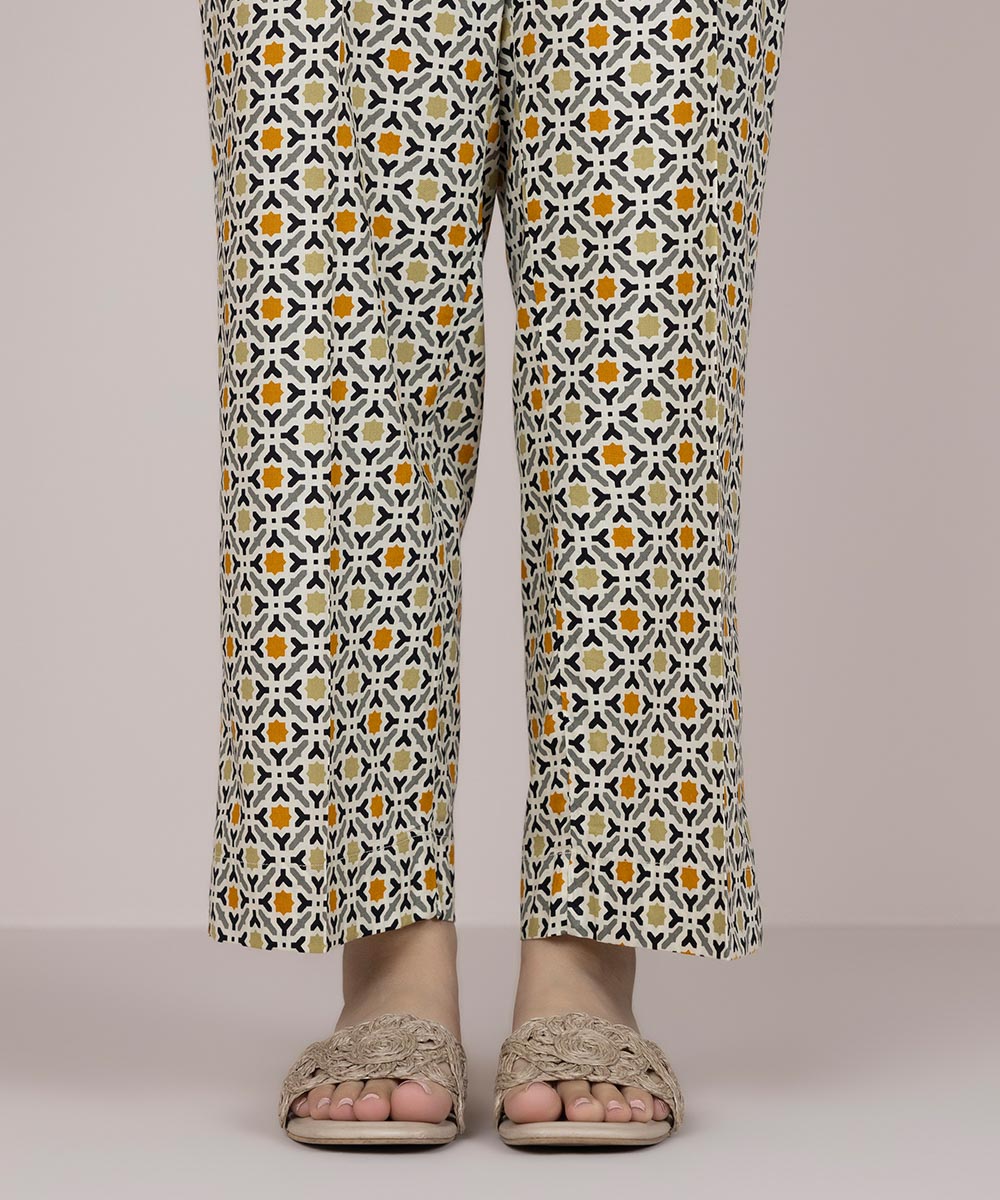 Women's Pret Cotton Off White Printed Straight Pants