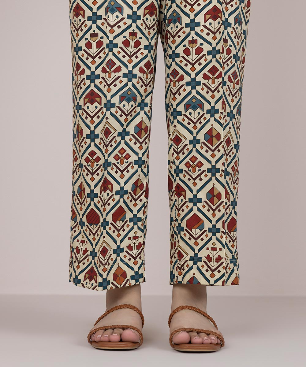 Women's Pret Cotton Beige Printed Straight Pants