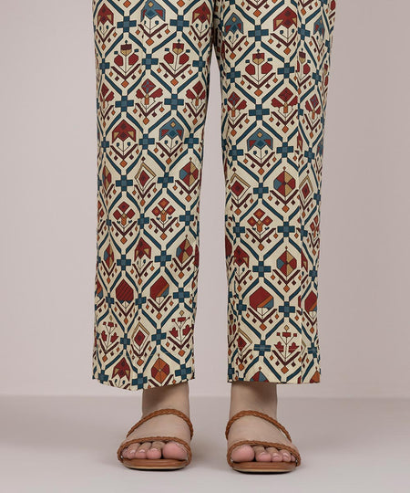 Women's Pret Cotton Beige Printed Straight Pants