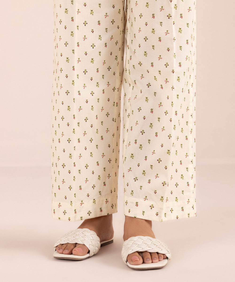 Women's Pret Cotton Off White Printed Straight Pants