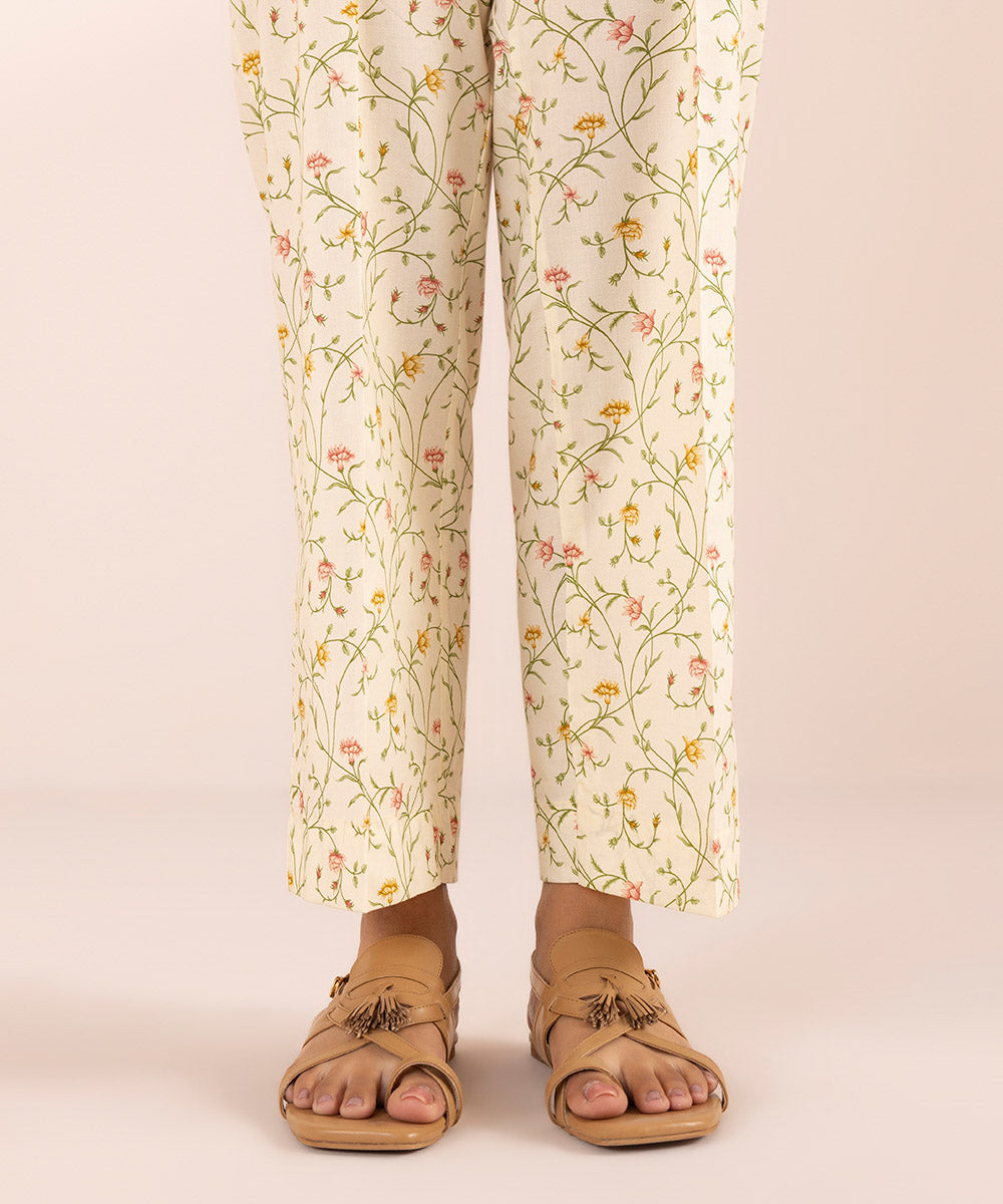 Women's Pret Cotton Off White Printed Straight Pants