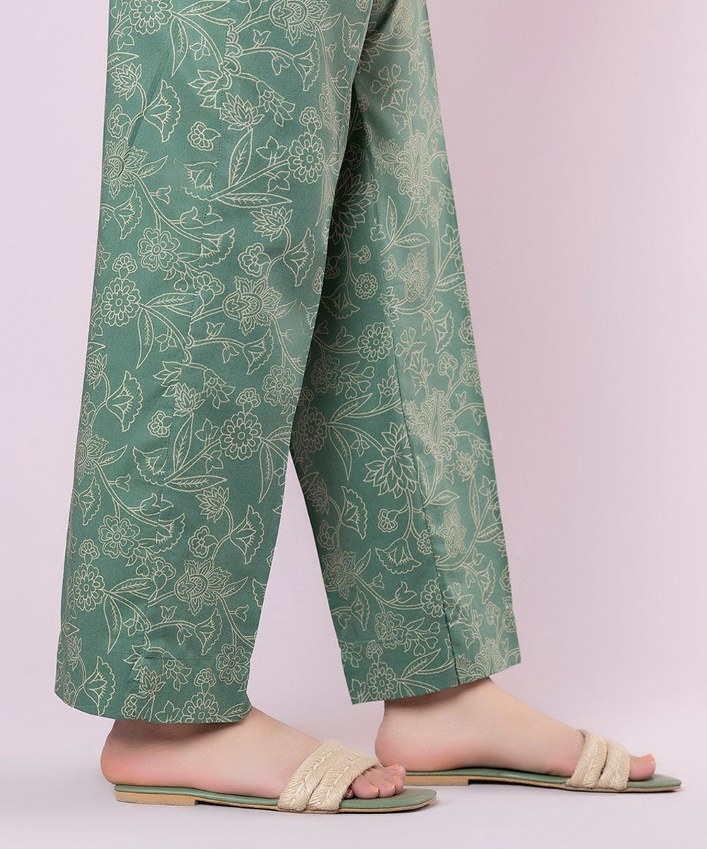 Women's Pret Cotton Viscose Printed Green Straight Pants