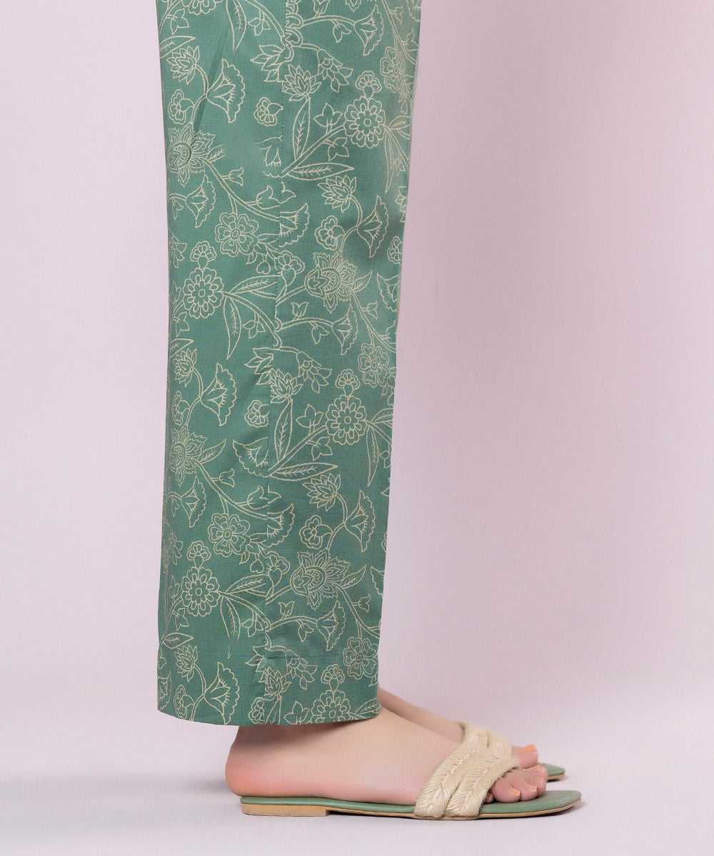 Women's Pret Cotton Viscose Printed Green Straight Pants