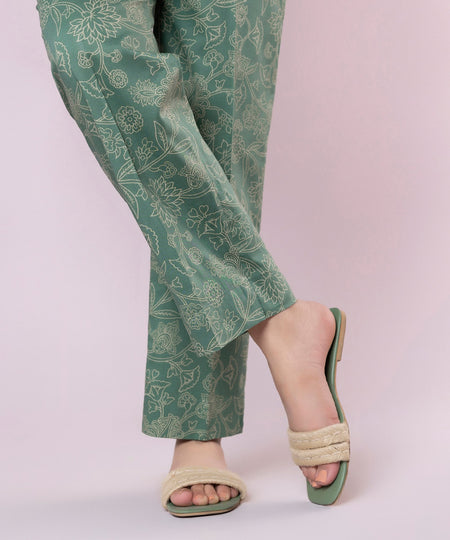 Women's Pret Cotton Viscose Printed Green Straight Pants