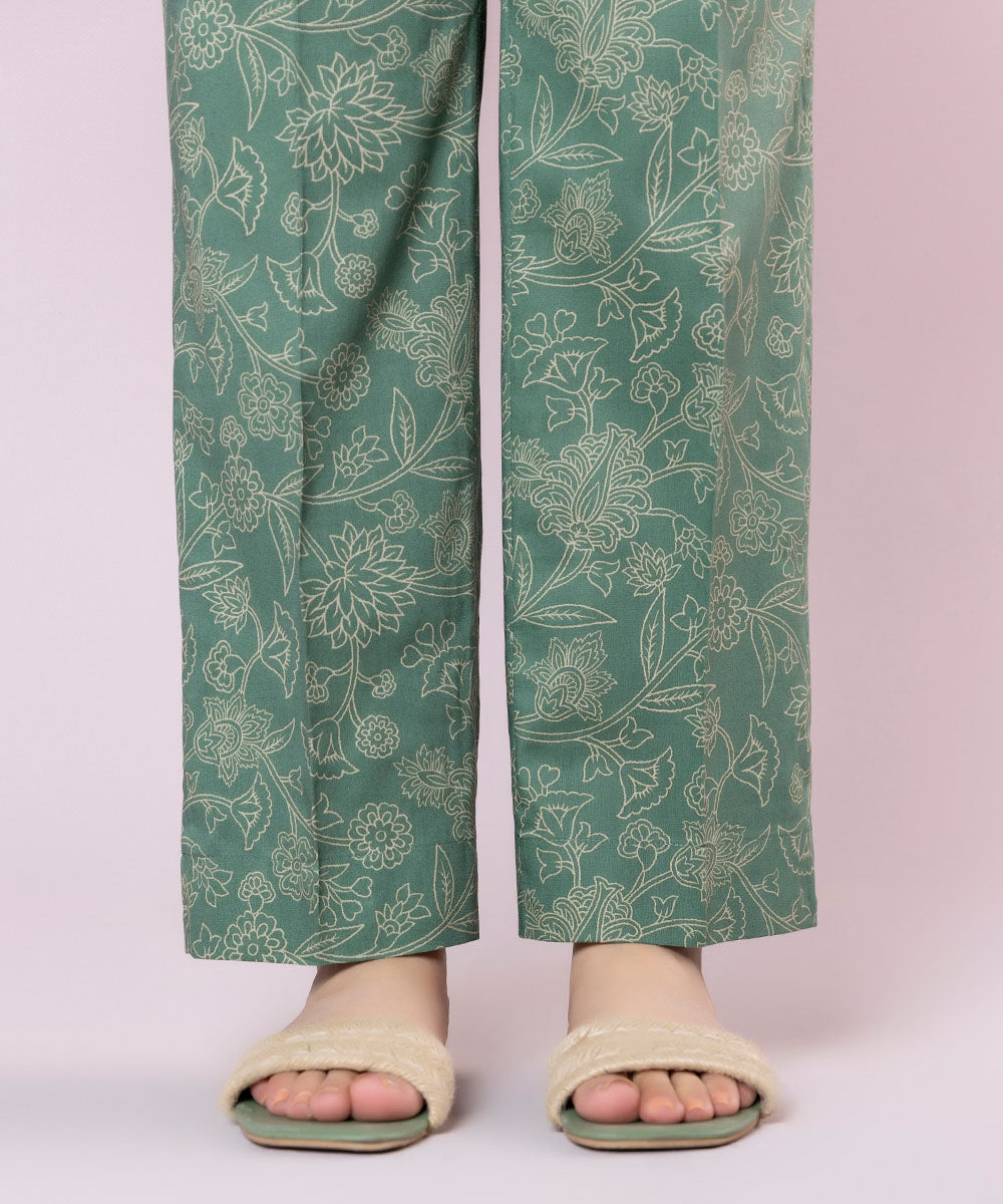 Women's Pret Cotton Viscose Printed Green Straight Pants