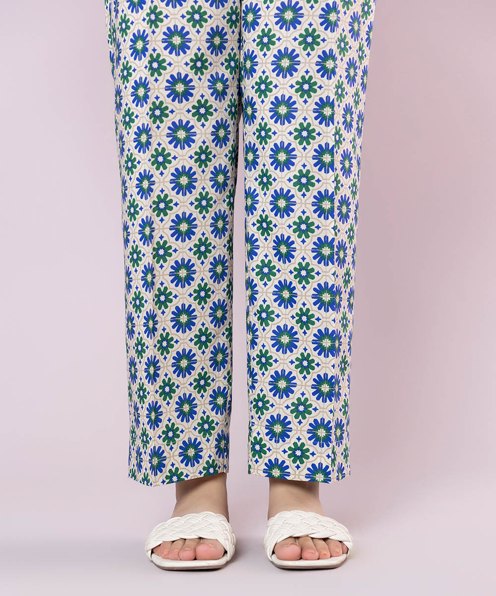 Women's Pret Cotton Viscose Printed Blue Straight Pants