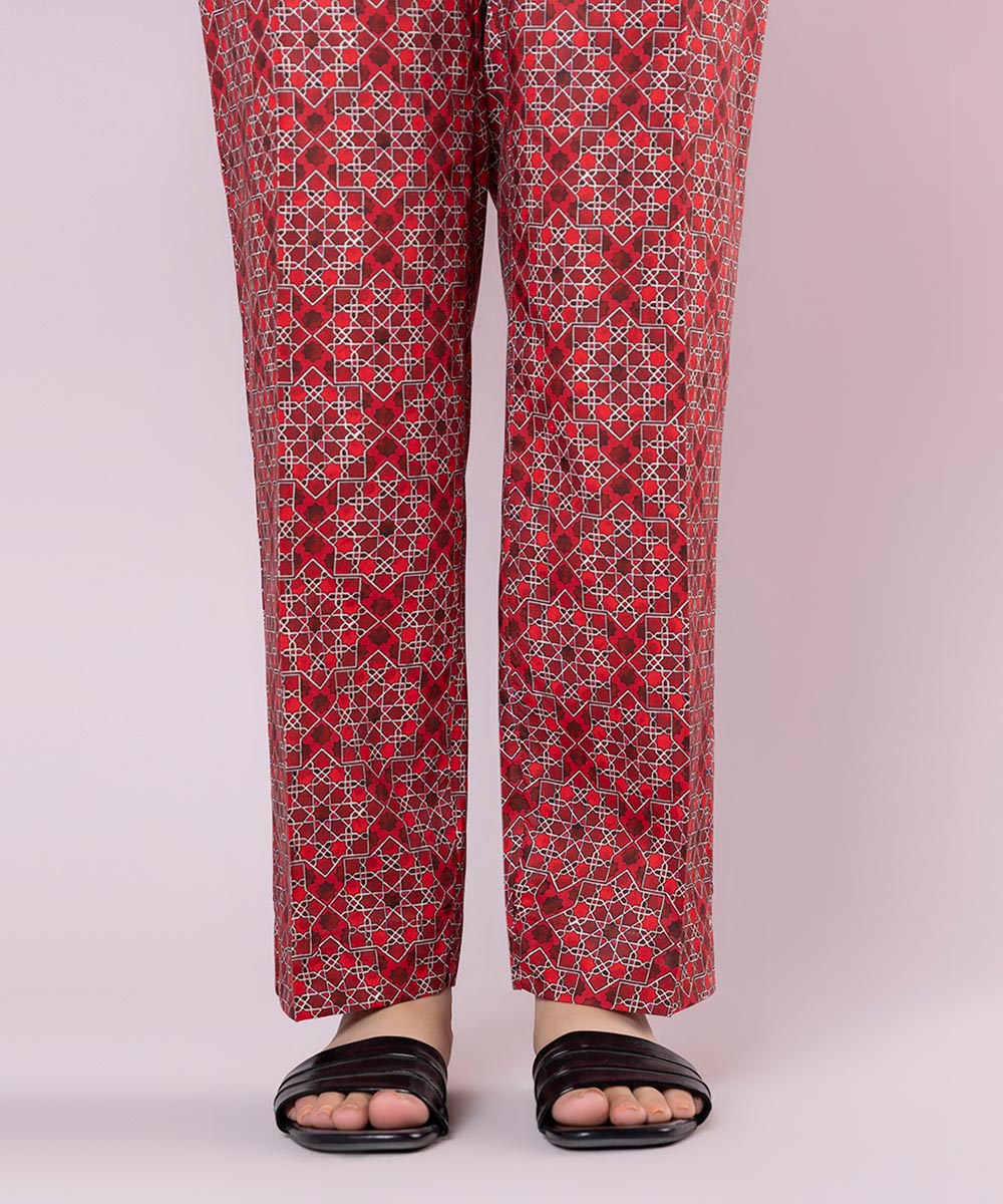 Women's Pret Cotton Viscose Printed Red Straight Pants