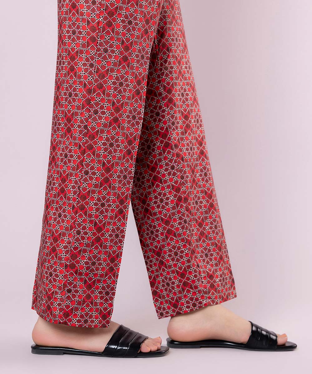 Women's Pret Cotton Viscose Printed Red Straight Pants