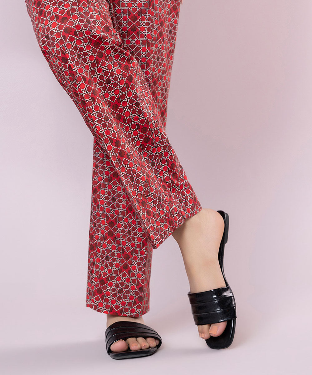 Women's Pret Cotton Viscose Printed Red Straight Pants