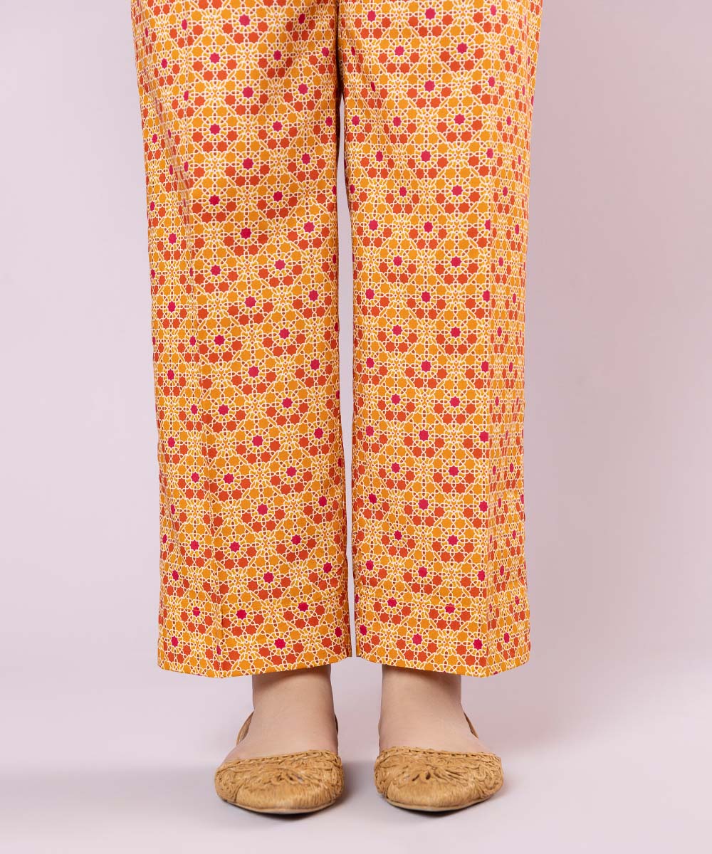 Women's Pret Cotton Viscose Printed Orange Straight Pants