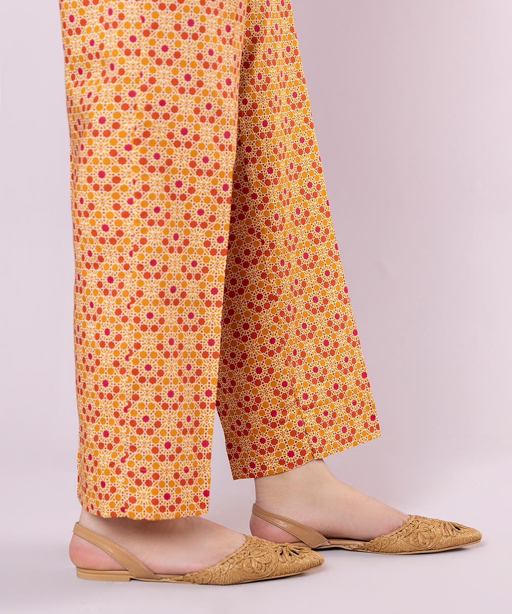 Women's Pret Cotton Viscose Printed Orange Straight Pants