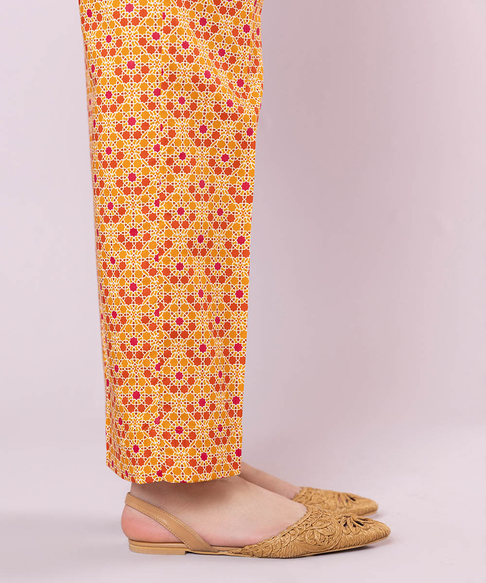 Women's Pret Cotton Viscose Printed Orange Straight Pants