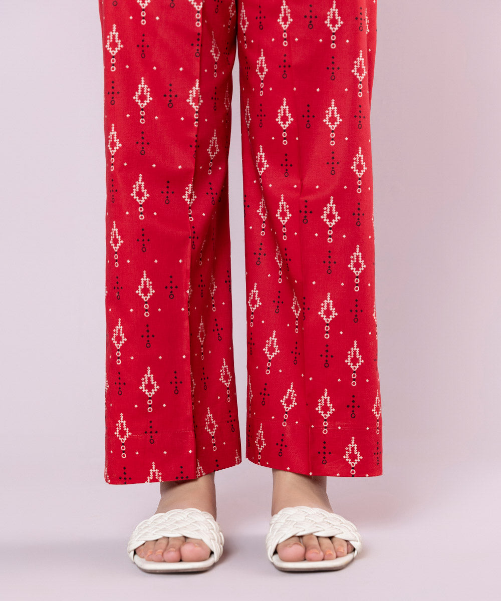 Women's Pret Cotton Viscose Printed Red Straight Pants