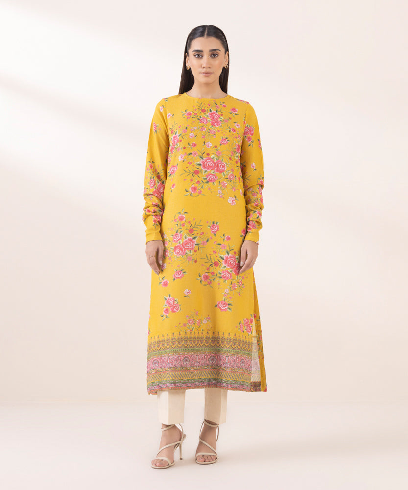 Women's Pret Printed Yellow Mustard Blended Karandi A Line Shirt