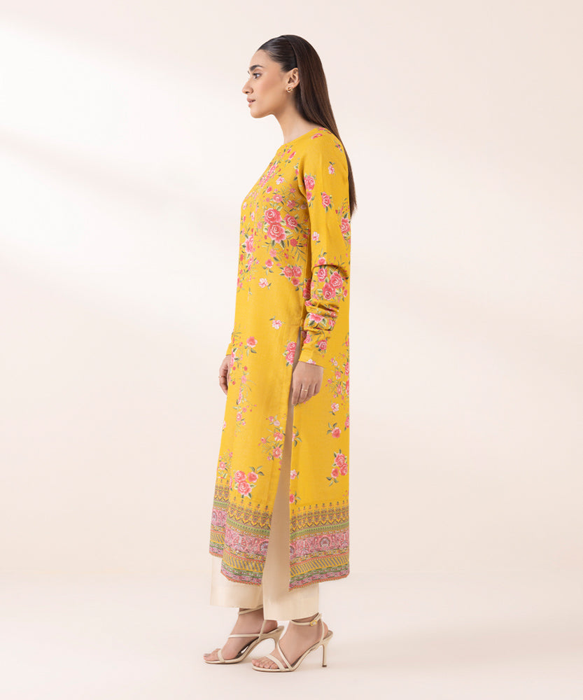 Women's Pret Printed Yellow Mustard Blended Karandi A Line Shirt