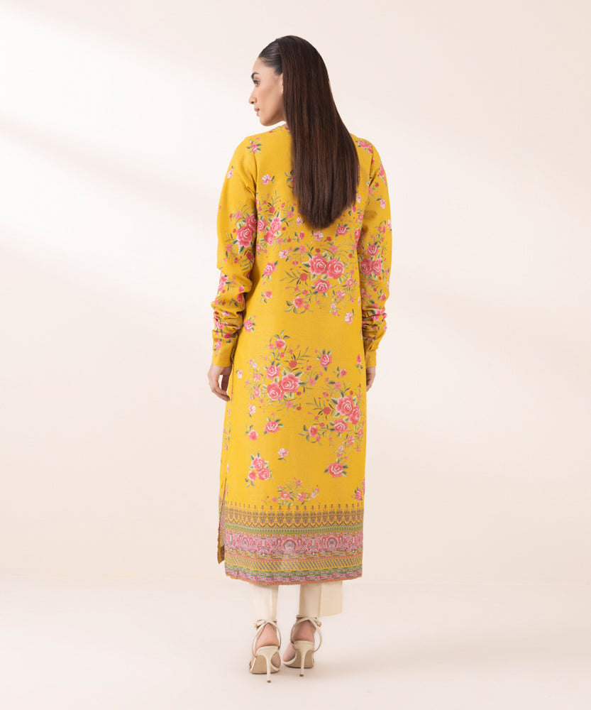 Women's Pret Printed Yellow Mustard Blended Karandi A Line Shirt